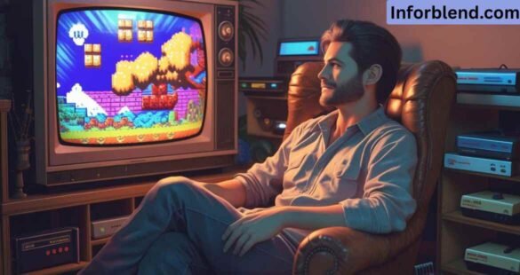 “Retro gamer enjoying classic titles on Vimm’s Lair with old consoles and nostalgic atmosphere.”