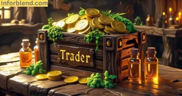 A wooden Trader Crate with coins, herbs, bars, and potions arranged like Melvor Idle loot