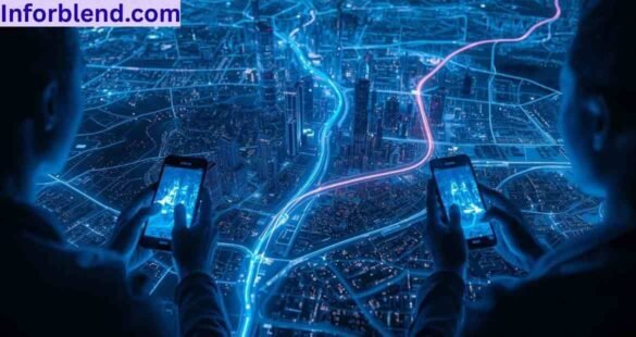 “Google Maps interface showing navigation routes, local listings, and live traffic updates.”