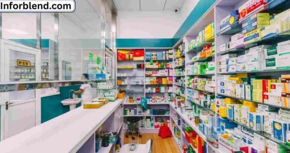 Shelf of Guaifenesin medicine packages displayed in a pharmacy in Oceanside, California.