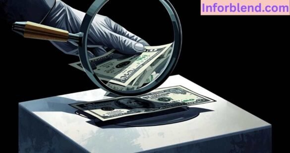 "Magnifying glass over ballot box with money representing political donations transparency."