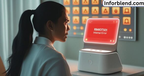 "Frustrated person looking at a smart device showing 'RIMIOT501 Internal Error' warning"