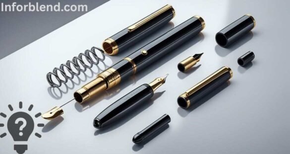 "Disassembled Marriott Vacation Club pen parts including spring, ink refill, barrel, and pen tip on a white table"