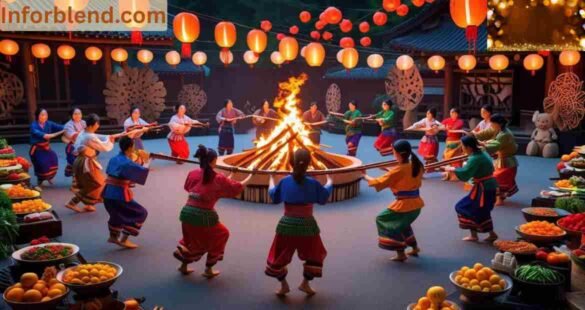People celebrating Tsunaihaiya in a colorful village festival with music, dance, and shared food.