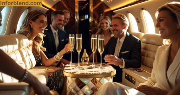 Private jet interior showing luxury lifestyle of the ultra-rich with champagne and designer seating.