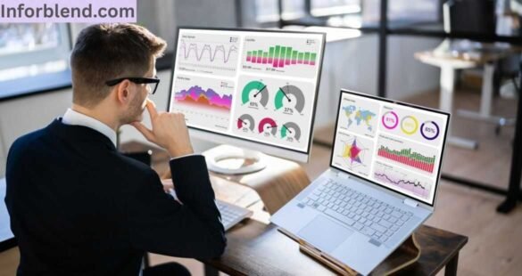 Illustrated dashboard of a business insights archive with folders, charts, and a search bar.