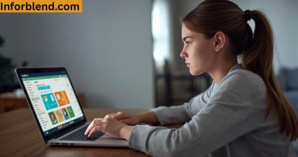 Student using K12 OLS online learning system with interactive lessons on laptop.