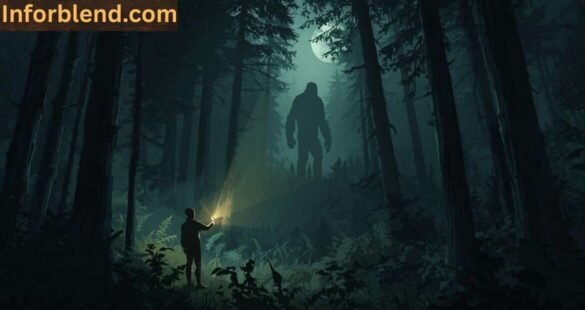 Illustration of a person searching for Bigfoot in a forest, symbolizing the risks of chasing myths.