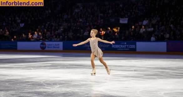 A young ice skater performing a graceful spin on the ice.