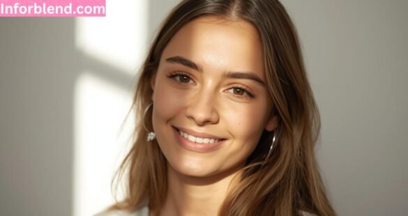 Mikayla Campinos smiling in a portrait shot with natural makeup and casual styling.