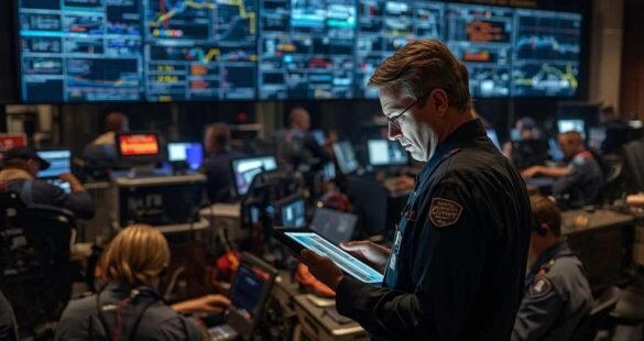 Norfolk Southern dispatcher viewing crew assignments and alerts on tablet in train yard environment.