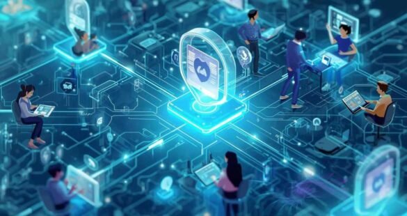 Futuristic visualization of social media testing across platforms.