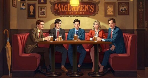 How I Met Your Mother characters sitting at MacLaren’s Pub with a yellow umbrella.