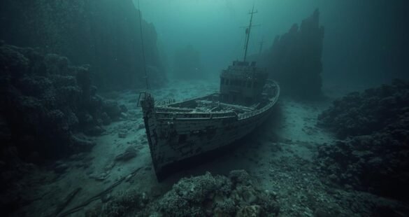 Underwater ocean floor with sediment layers, volcanic vents, and shipwreck remains as evidence of past attacks.