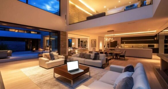 “Laptop on coffee table with contact form open in a modern living room.”