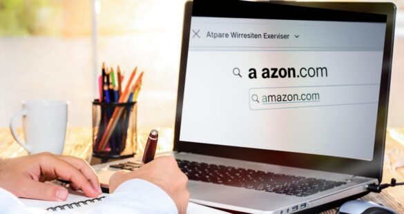 The phrase “a azon com” into a browser, highlighting a corrected suggestion to Amazon.com.
