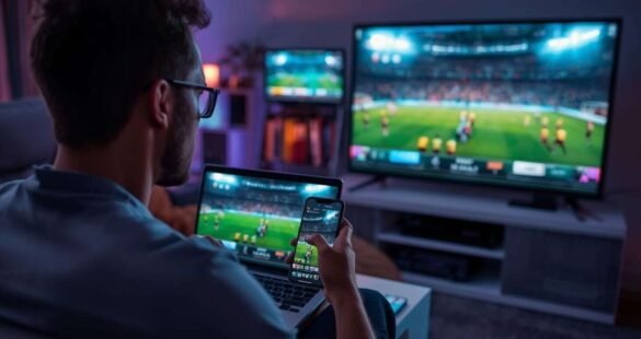 A sports enthusiast streaming live matches across multiple digital devices.