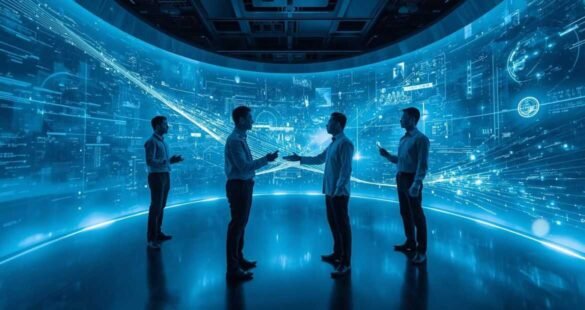 Futuristic digital room with holographic screens symbolizing Mifroom.
