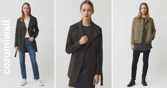 Three models wearing Cozumiwall: casual drape, tailored closure, and outdoor technical versions — showing textures and fit.