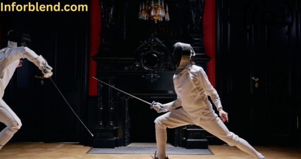 Fencers competing while tethered to the scoring system during a match.