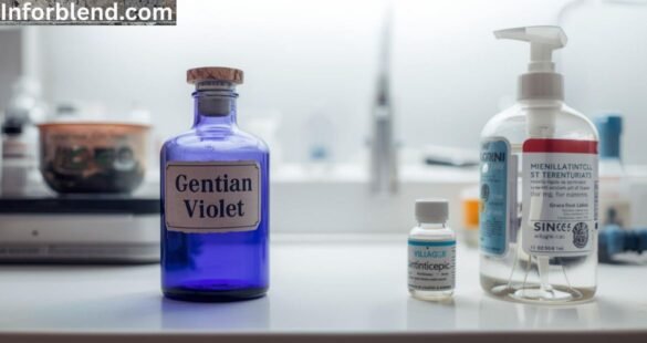 An old gentian violet bottle next to modern antiseptic products on a clean medical table.