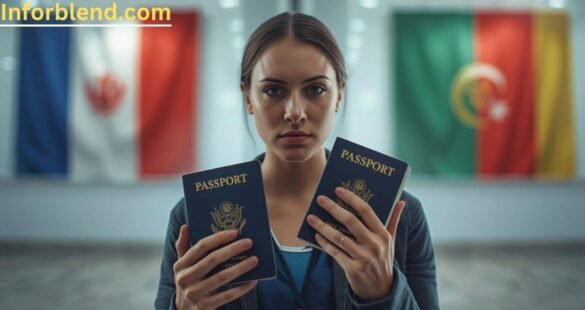 A confused person holding two passports, representing the risks and conflicts of dual citizenship.