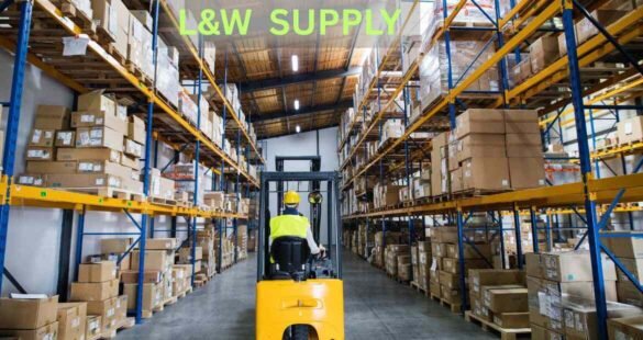 L&W Supply warehouse with building materials and workers