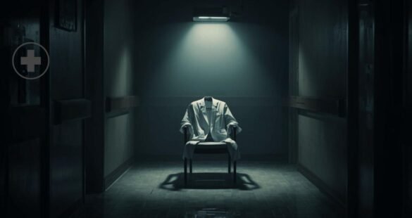 An empty hospital corridor with a white coat on a chair, dimly lit, evokes loss and unanswered questions.
