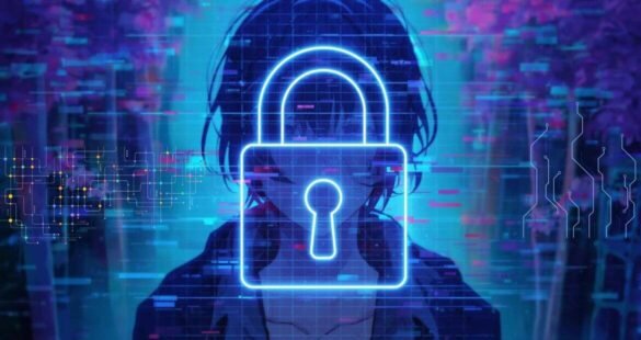 Pixelated anime-style figure behind a digital lock symbolizing hentai censorship, legal restrictions, and cultural regulation.