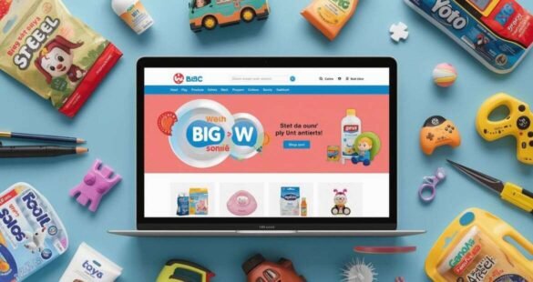 Laptop showing Big W Online shopping interface with products and cart.