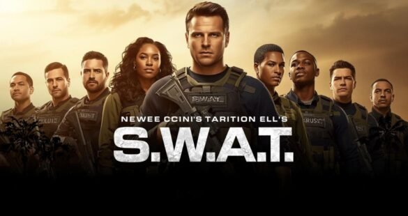 The main cast of S.W.A.T. is standing together in tactical uniforms, symbolizing teamwork and strength.