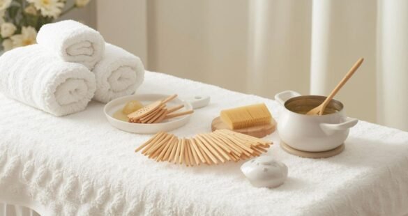 Brazilian waxing setup with wax pot, sticks, and towels in a clean salon.